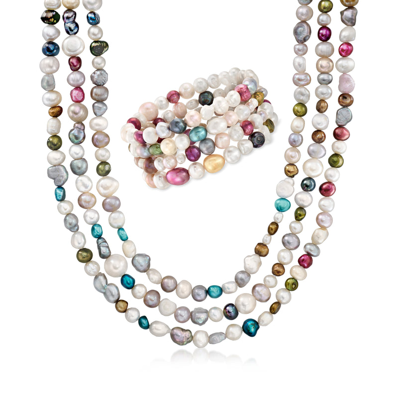 Multicolored cultured pearl jewelry set: baroque pearl necklace with four bracelets