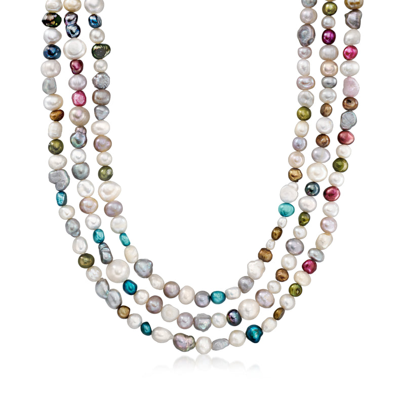 Multicolored cultured pearl necklace with matching baroque pearl bracelets, layered strands