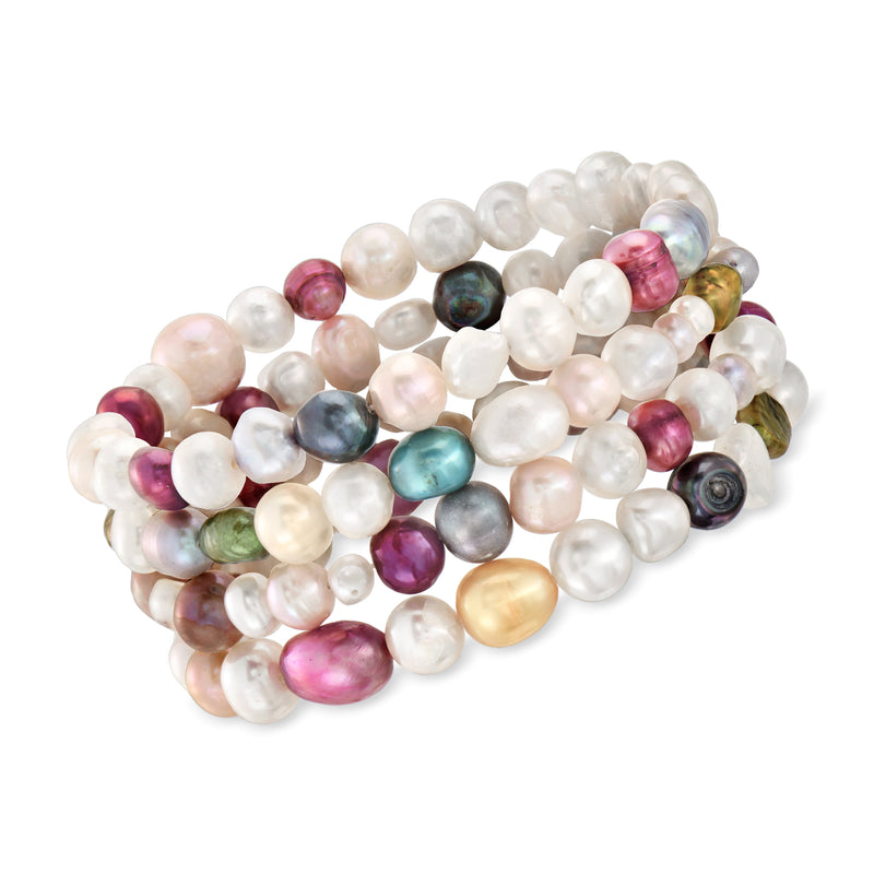 Stack of multicolored baroque cultured pearl bracelets with iridescent mixed tones