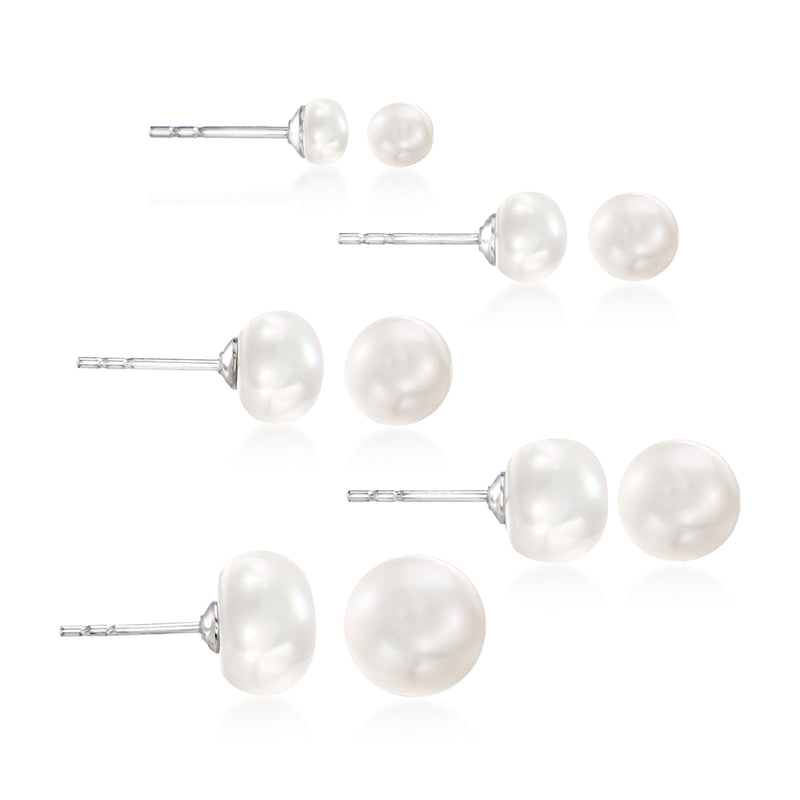 Cultured pearl stud earrings set: five pairs of 4–8mm pearls on sterling silver posts