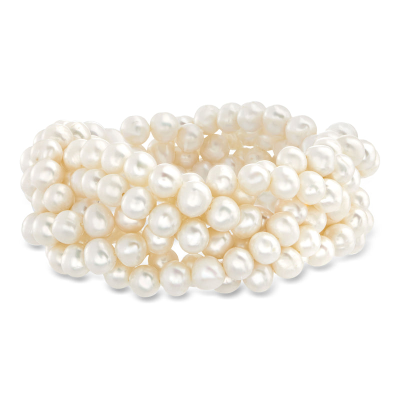 Braided stretch bracelet with white cultured pearls, 6–7mm beads