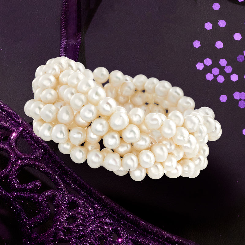 Braided stretch bracelet with white cultured pearls, coiled wrap beads