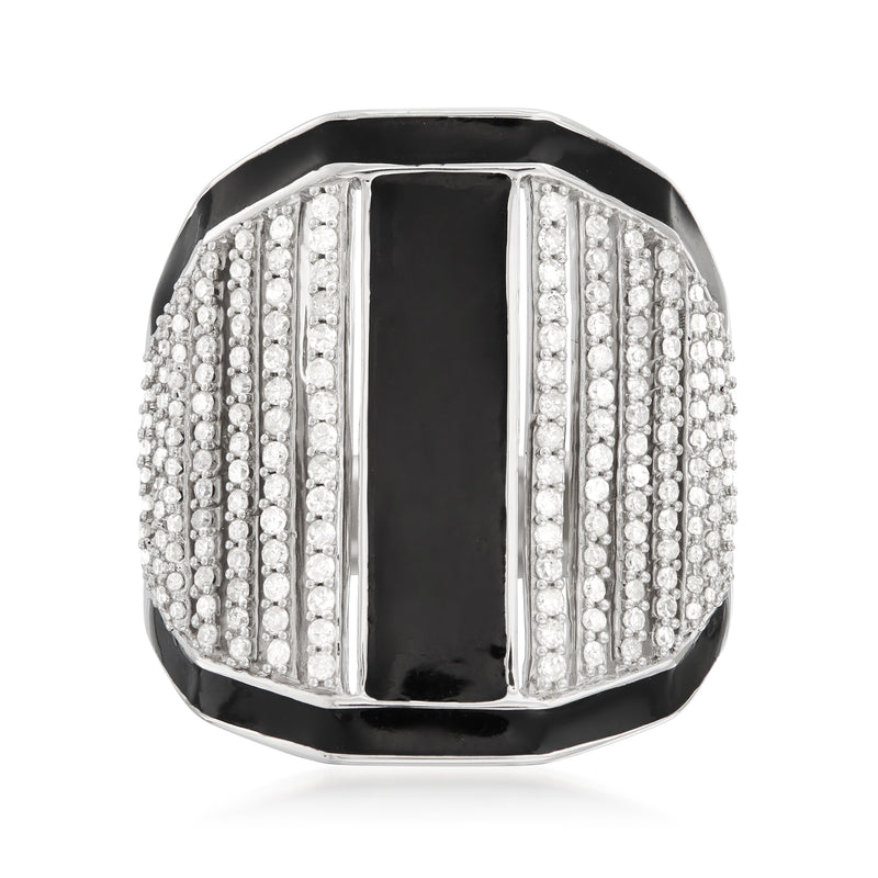.75 ct diamond and black enamel linear wide ring in sterling silver, high-shine bezel