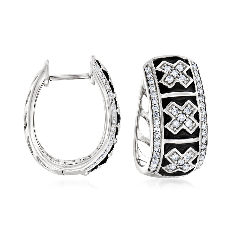 Sterling silver hoop earrings with black enamel panels and sparkling diamond accents