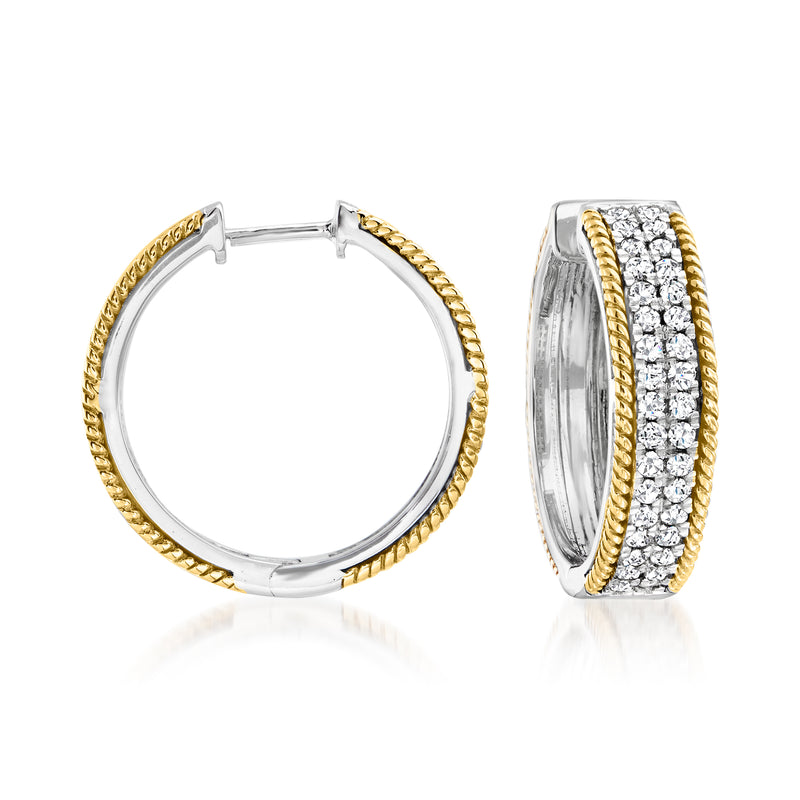 Diamond hoop earrings with two-tone sterling silver and 14kt yellow gold, pave sides