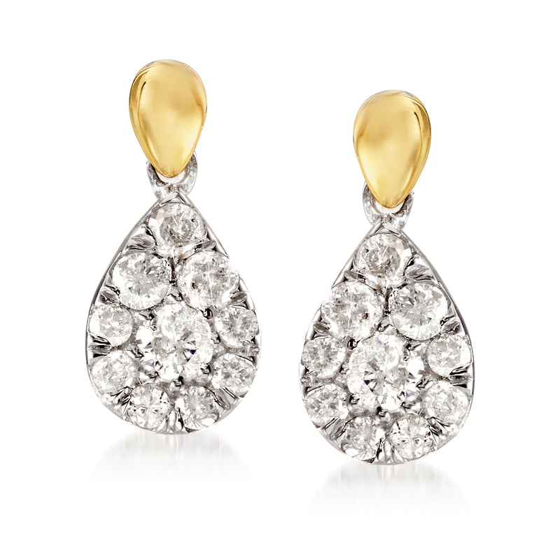 Pear-shaped diamond cluster drop earrings with yellow-gold tops and silver settings