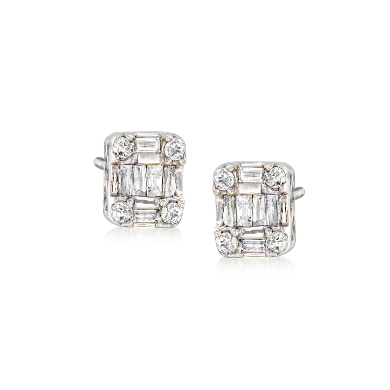 14k white gold diamond cluster stud earrings with baguette and round stones