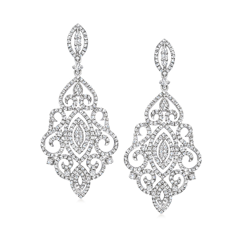 Sterling silver scrollwork drop earrings with teardrop and marquise-cut diamond accents