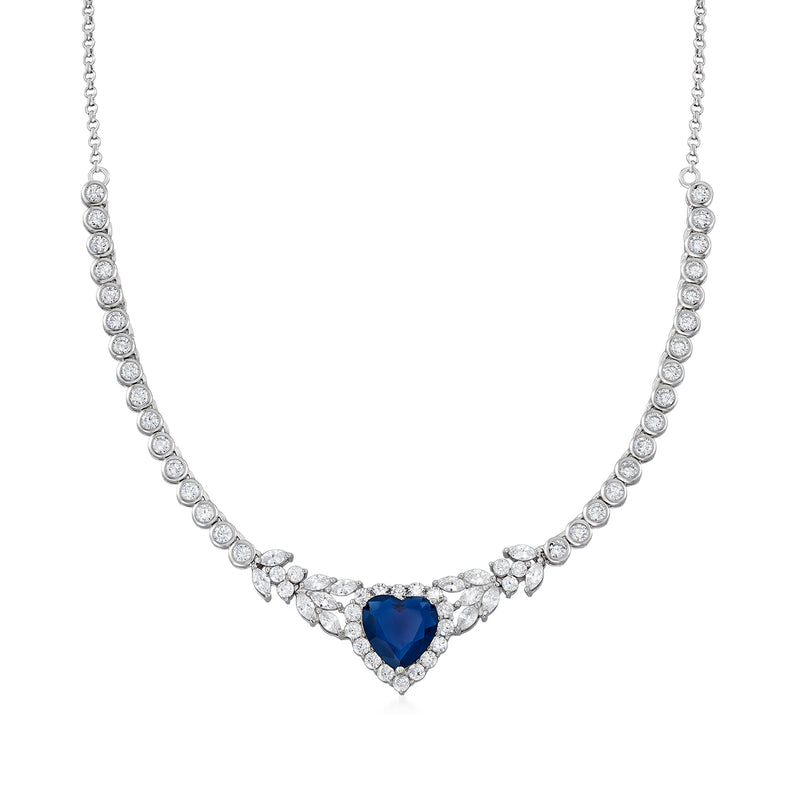 Sterling silver heart necklace with blue simulated sapphire center and CZ accents