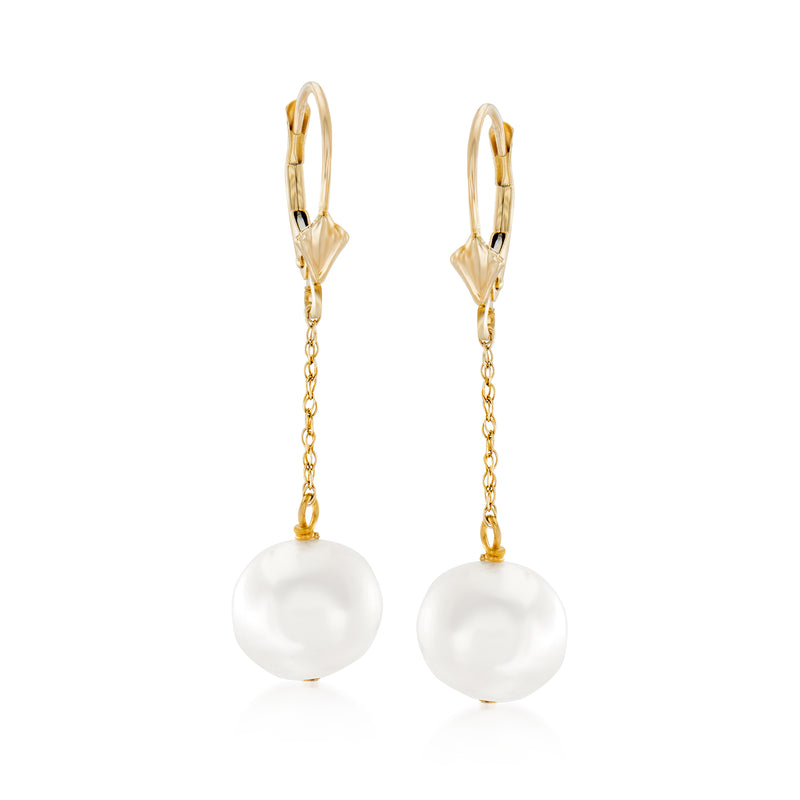 14kt yellow gold leverback drop earrings with round white cultured pearl and gold chain