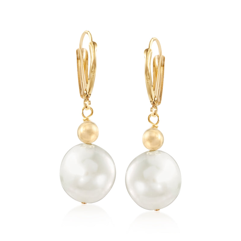 Yellow gold pearl drop earrings with leverback, small top and large white pearl drops