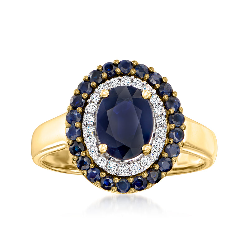 14kt yellow gold ring with oval blue sapphire center and diamond halo