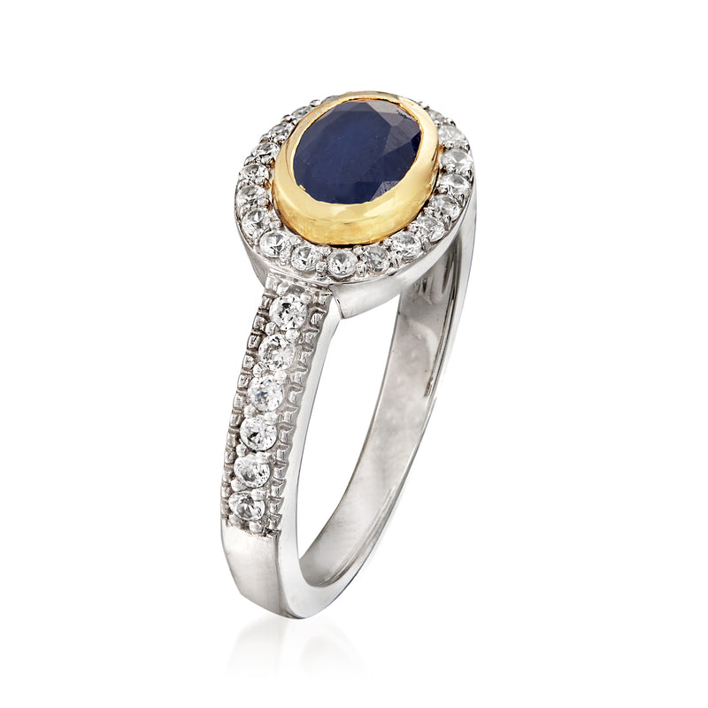 Side view oval sapphire ring with white zircon pave; sterling silver and yellow gold bezel