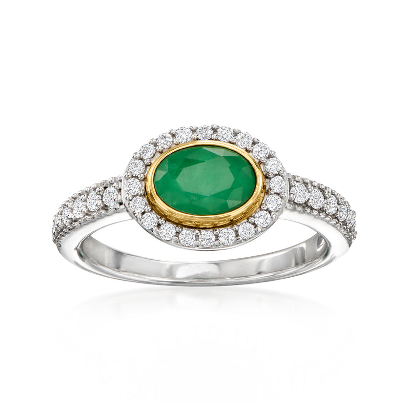 Sterling silver ring with oval green gemstone center, yellow gold bezel, white zircon halo