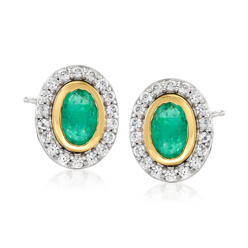 Sterling silver stud earrings with oval green emerald-cut stone, gold bezel, white zircon halo