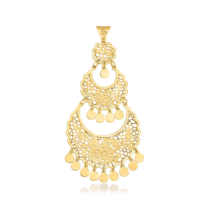 14kt yellow gold rose lace pendant with openwork design and dangling round discs