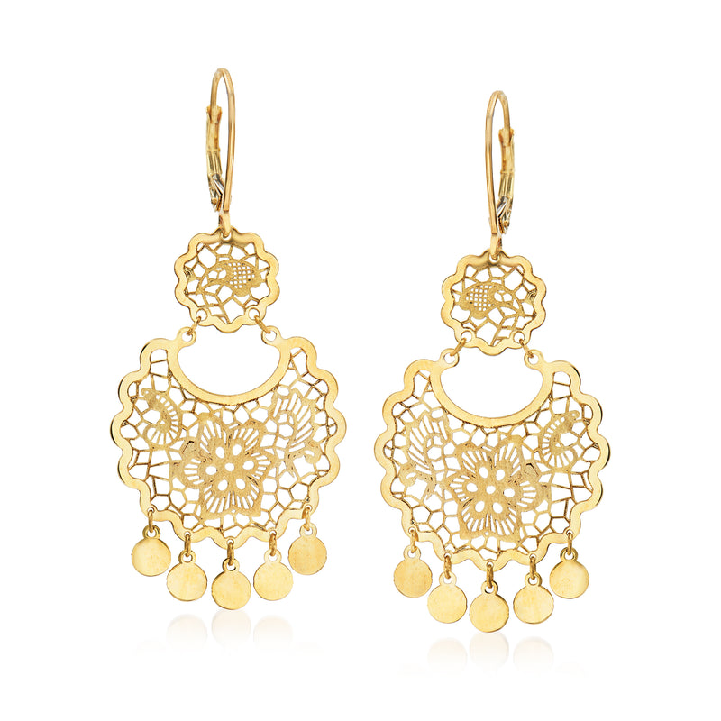 14kt yellow gold filigree chandelier earrings with leverback hooks and dangling charms