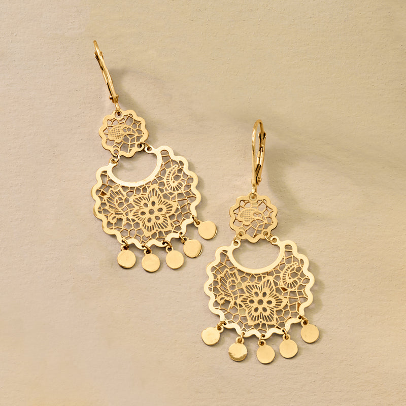 14kt yellow gold filigree chandelier earrings with leverback and charm fringe