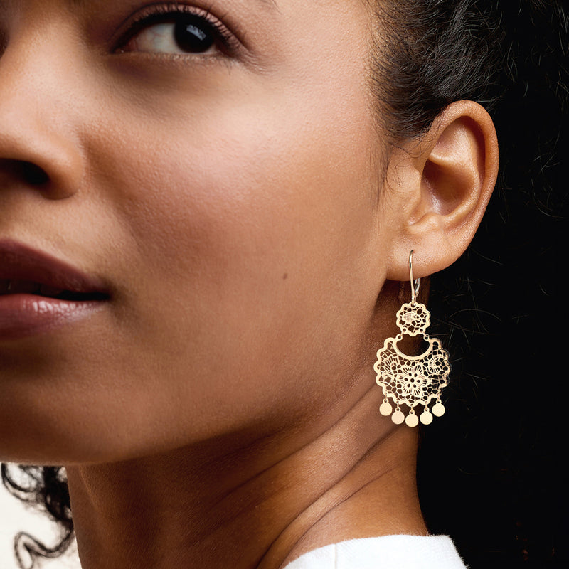 14kt yellow gold filigree chandelier earrings with dangling round charm drops