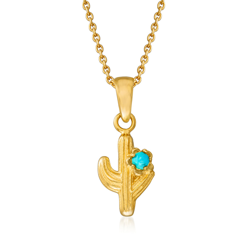 Turquoise cactus pendant necklace with 18kt gold over sterling chain and turquoise stone