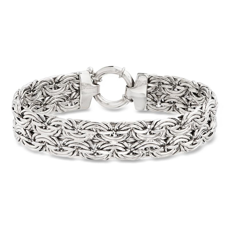 Sterling silver wide Byzantine chain bracelet with hinged clasp, polished finish