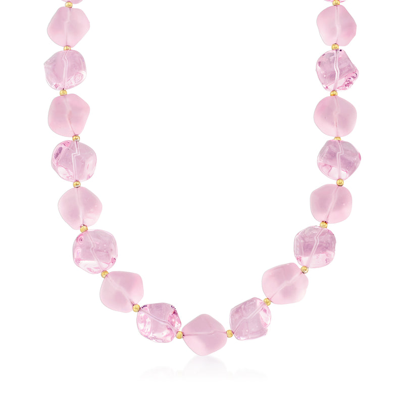 Pink Murano glass bead necklace with gold-tone spacers and faceted beads