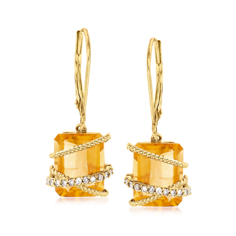 14kt yellow gold leverback drop earrings with square citrine and diamond accents