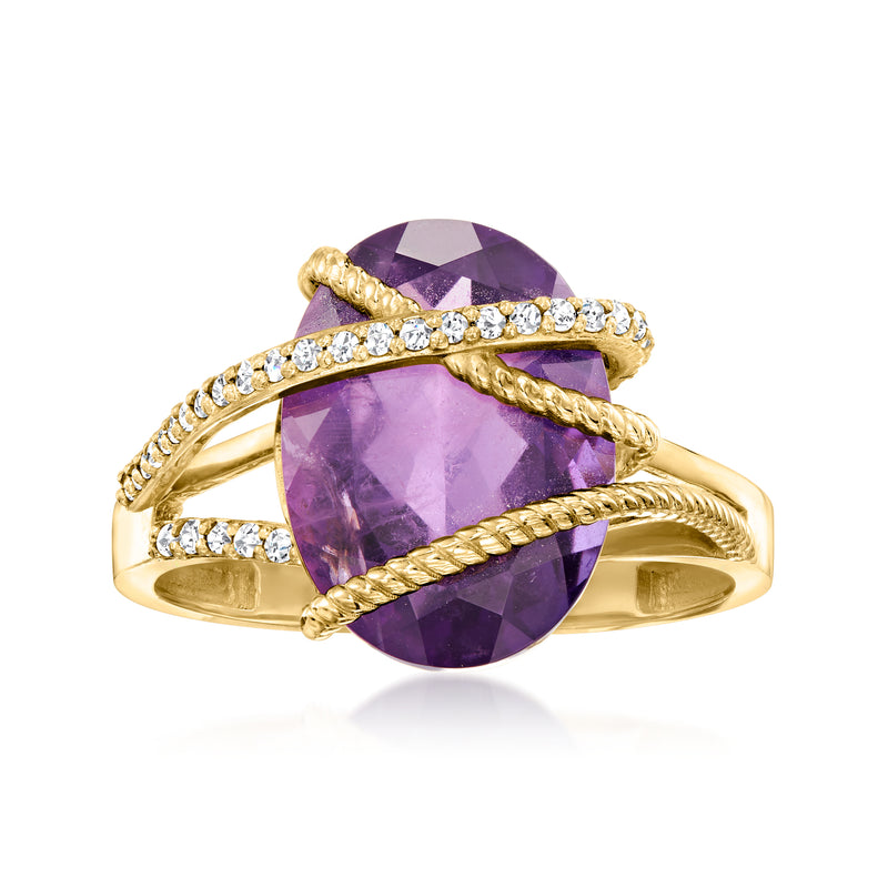 14kt yellow gold ring with oval amethyst center and diamond side accents, braided prongs