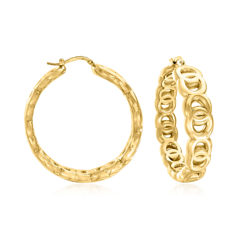 Gold over sterling link hoop earrings, round hinged hoops with textured links
