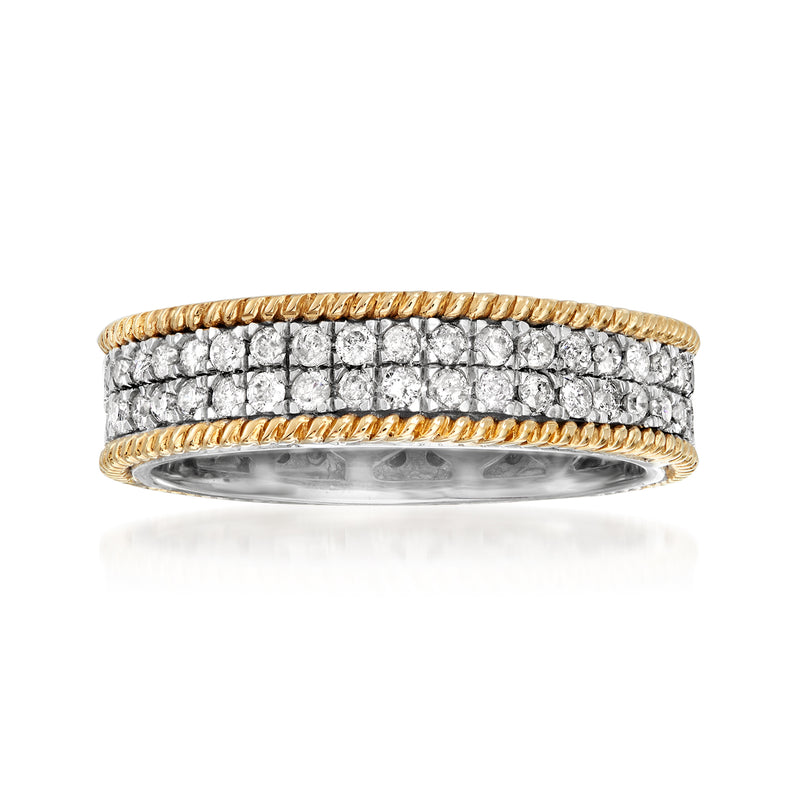 Diamond eternity band with pave stones in sterling silver and yellow gold bezel edges