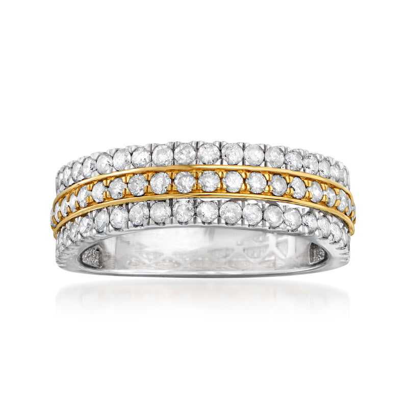 Multi-row diamond ring in sterling silver with 14kt yellow gold accents, round stones