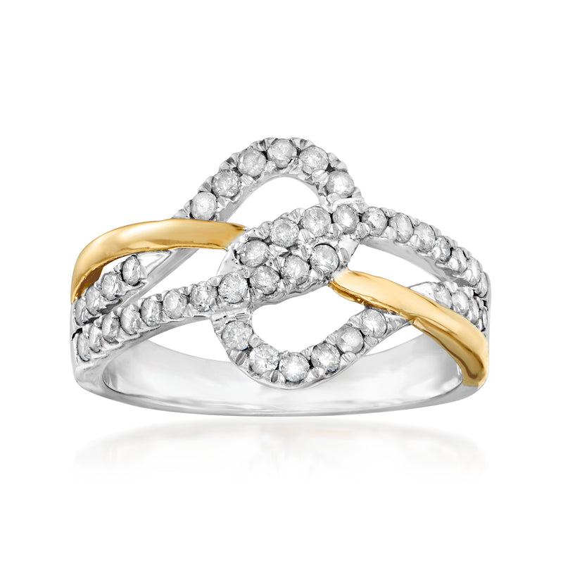 Interlocking diamond ring in sterling silver with round stones, 14kt yellow gold accents