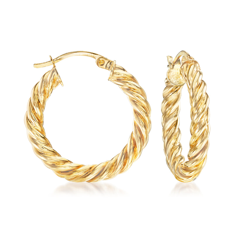 Twisted gold hoop earrings with clasp, polished spiral texture, small size