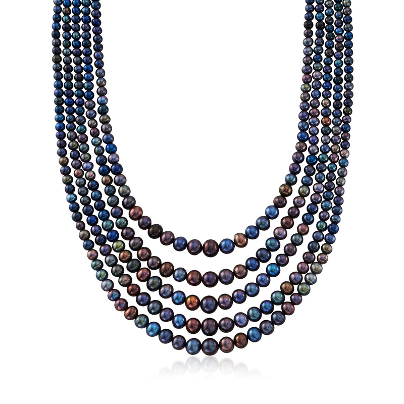 Five-strand black cultured pearl necklace with sterling silver links