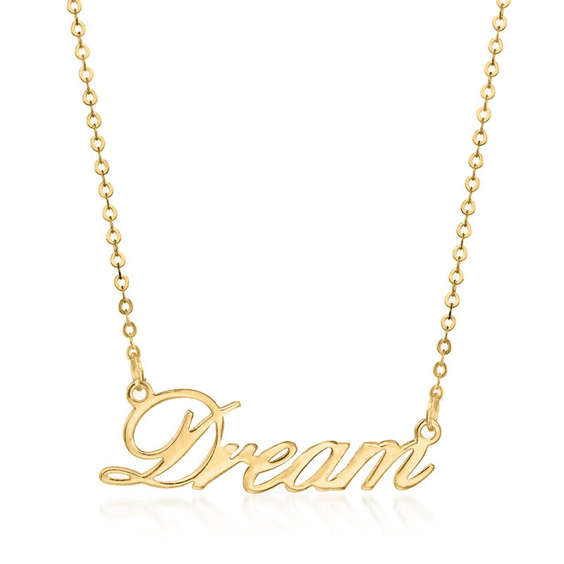 14kt yellow gold Dream script necklace with link chain
