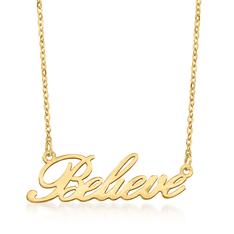 14kt yellow gold Believe cursive pendant necklace on link chain