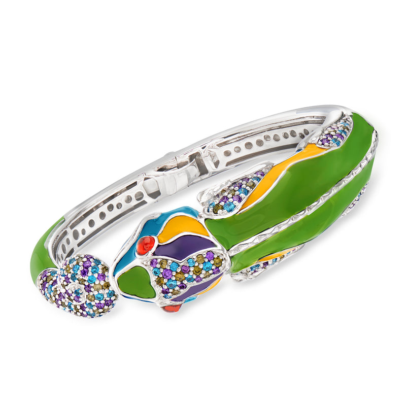 Sterling silver cuff bracelet with multicolored enamel and purple CZ-like stones