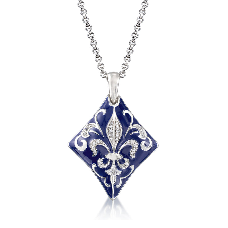 Sterling silver blue enamel fleur-de-lis CZ pendant with clear crystal center