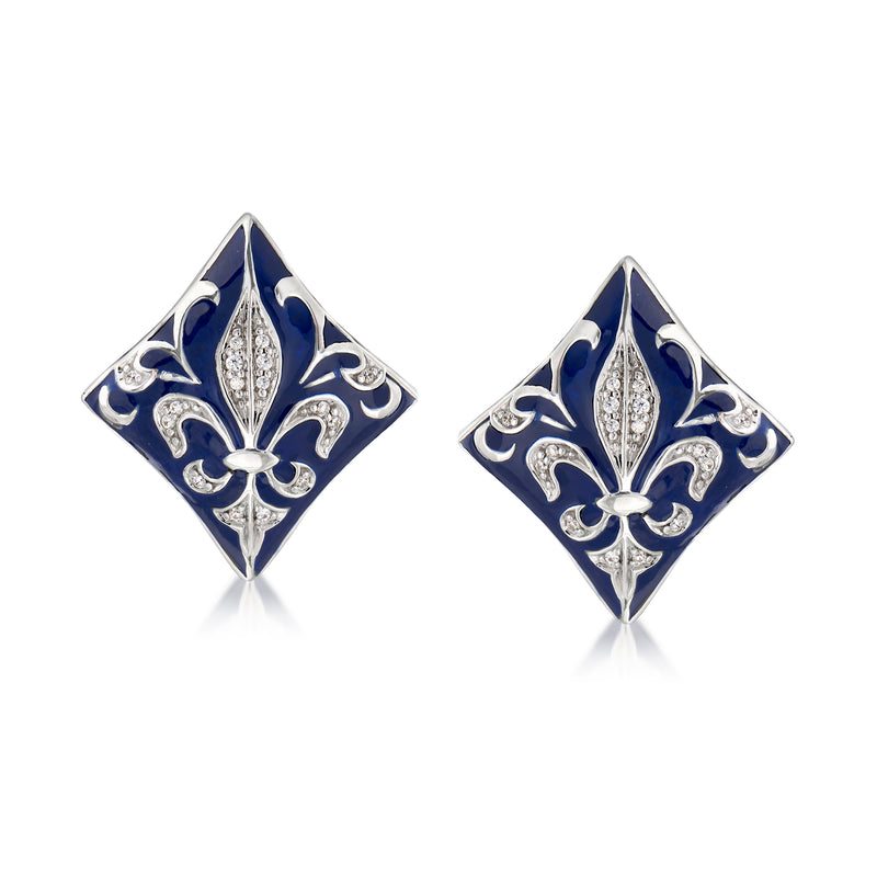 Sterling silver blue enamel CZ stud earrings with fleur-de-lis diamond accents