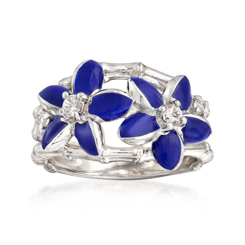 Sterling silver ring with blue enamel flower petals and CZ-style crystal centers