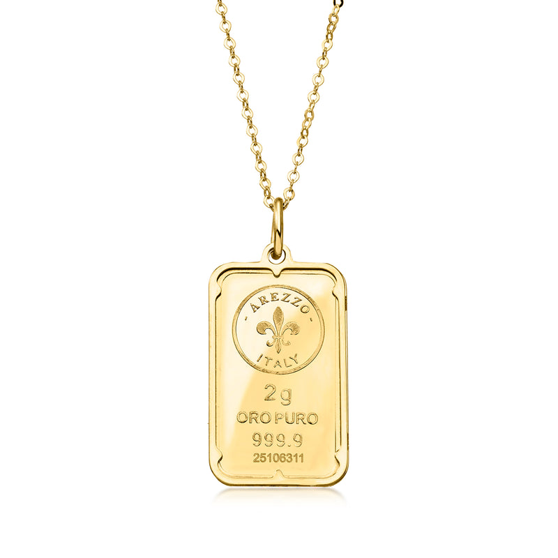 24kt gold ingot pendant necklace with fleur-de-lis charm and gold frame