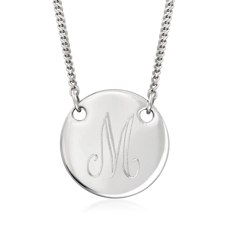 Sterling silver single-initial disc necklace with polished round pendant, monogram “M”