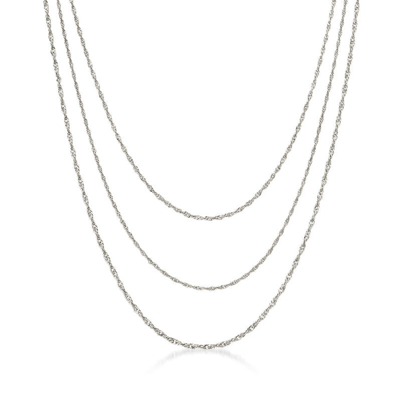Sterling silver three-strand Singapore chain necklace, linked chain strands