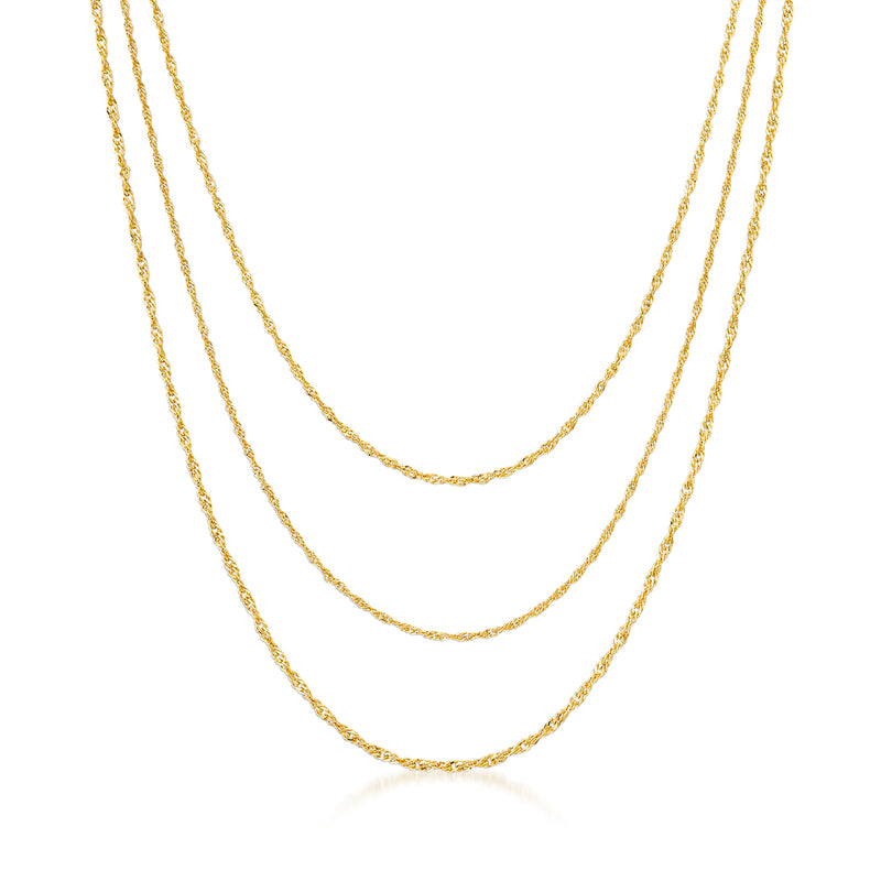 Gold over sterling three-strand Singapore-chain necklace, layered links