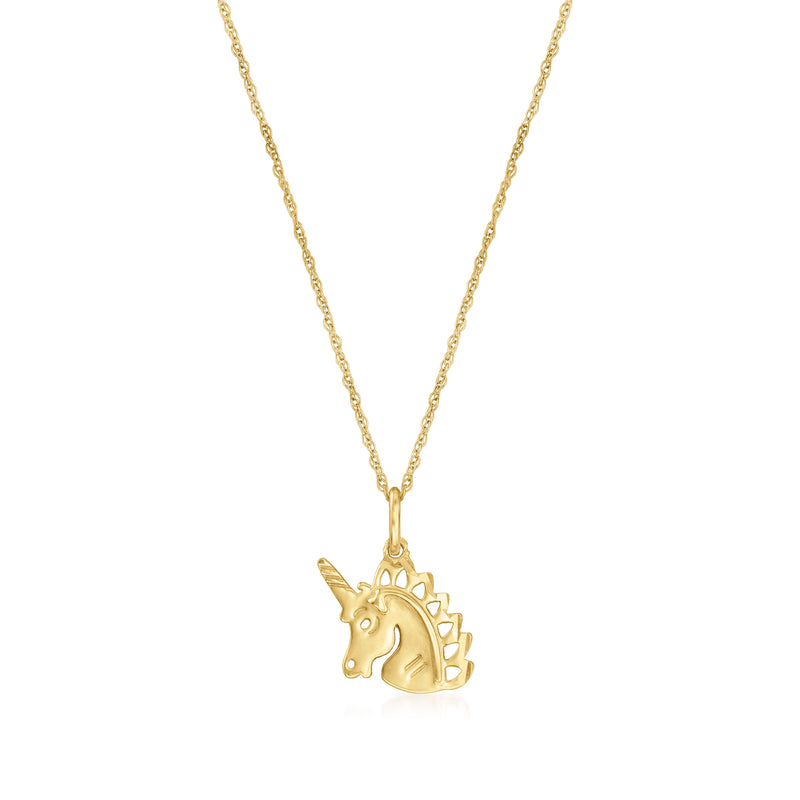 Child yellow gold unicorn pendant necklace with small horn and star details