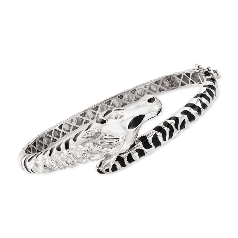 Sterling silver zebra bangle bracelet with black enamel stripes and textured pattern.