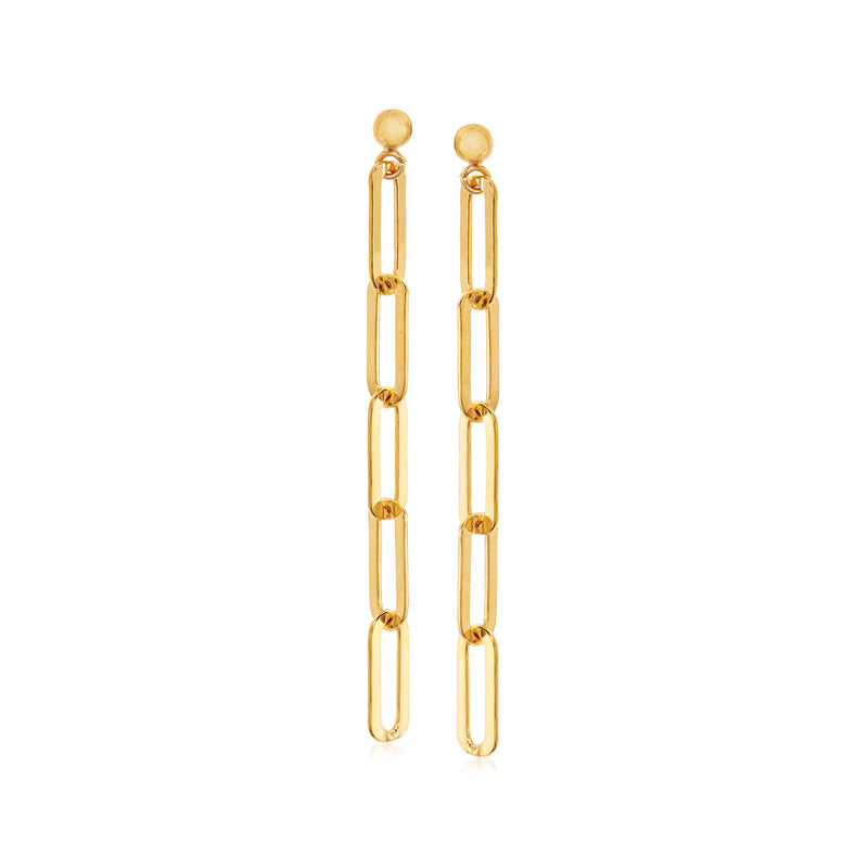Gold over sterling drop earrings with linear paper-clip link chain and round posts