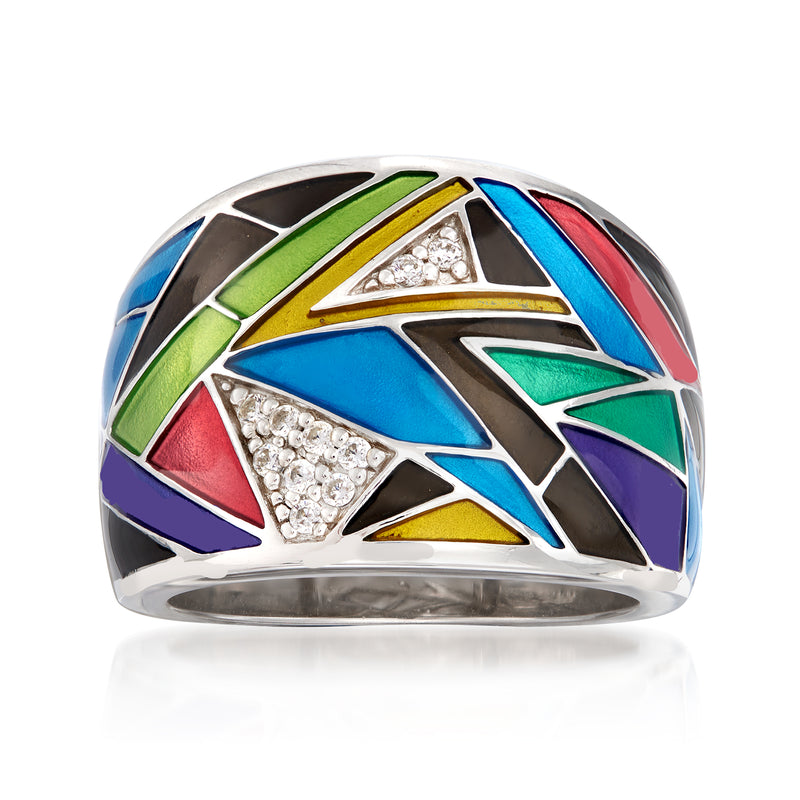 Sterling silver enamel geometric ring with multicolored inlays and sparkling CZ centerpiece