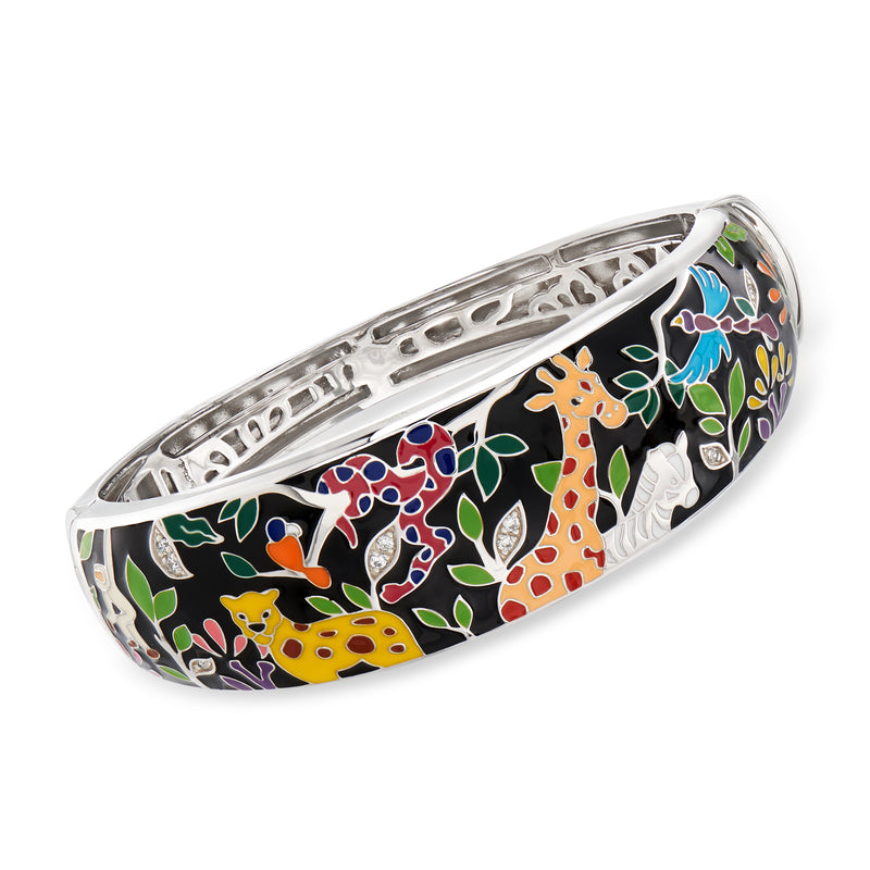 Sterling silver enamel bangle bracelet with black base and multicolored animal motifs