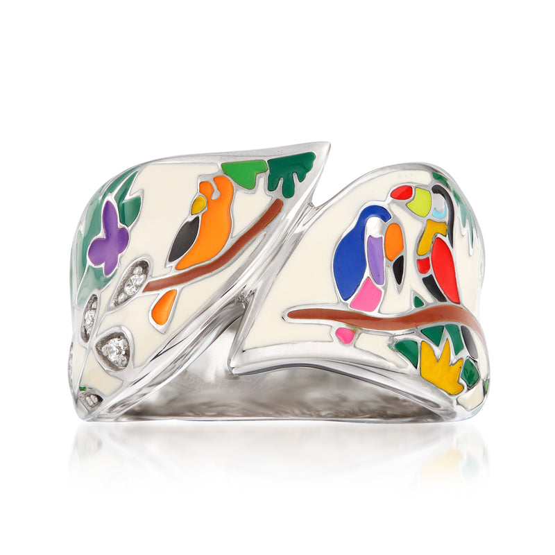 Sterling silver enamel ring with multicolored motifs and CZ accents, openwork band